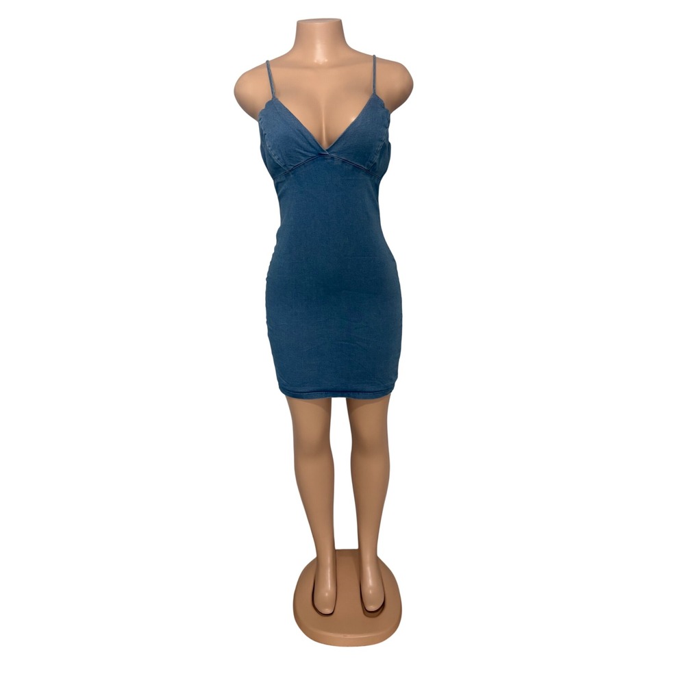 Active USA Denim Bodycon Mini Dress Blue V-Neck Spaghetti Strap Small
